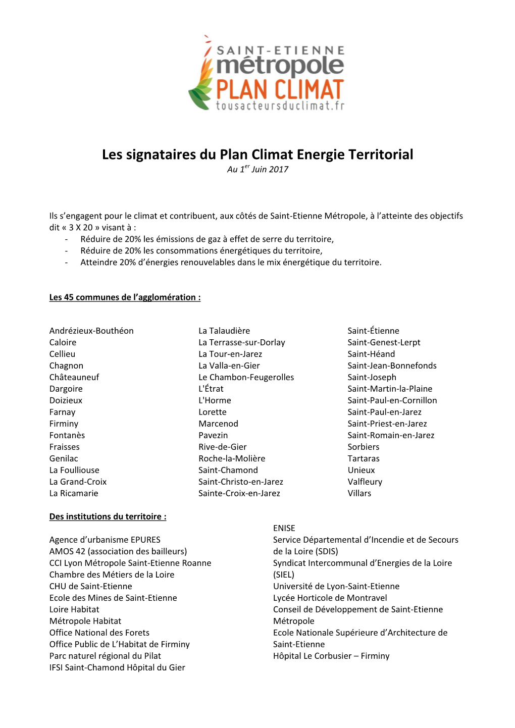 Les Signataires Du Plan Climat Energie Territorial Au 1Er Juin 2017