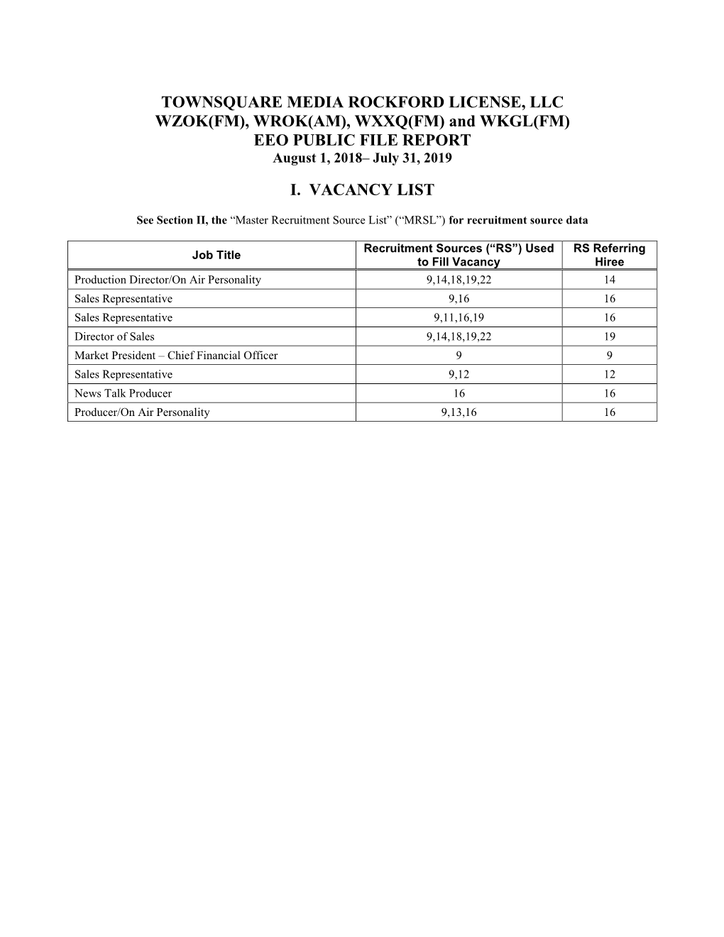 WXXQ(FM) and WKGL(FM) EEO PUBLIC FILE REPORT August 1, 2018– July 31, 2019 I