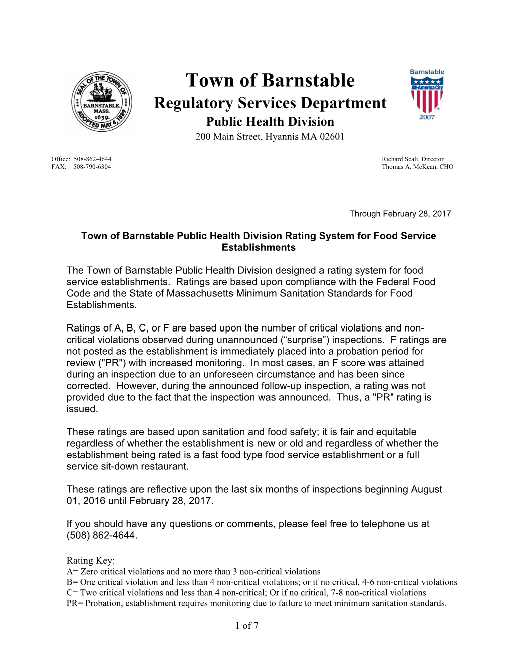 Town of Barnstable Regulatory Services Department Public Health Division 200 Main Street, Hyannis MA 02601