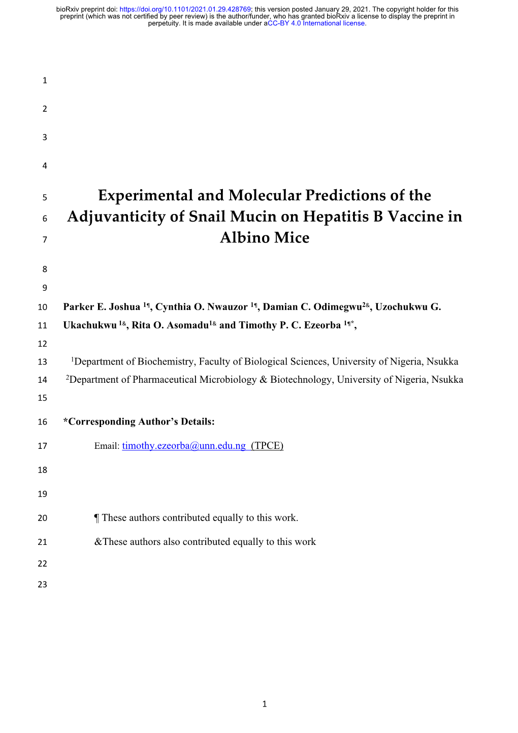 Experimental and Molecular Predictions of the Adjuvanticity Of