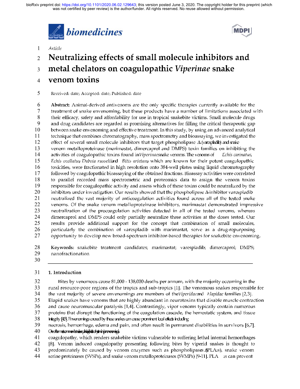 Neutralizing Effects of Small Molecule Inhibitors and Metal Chelators on Coagulopathic Viperinae Snake Venom 447 Toxins”