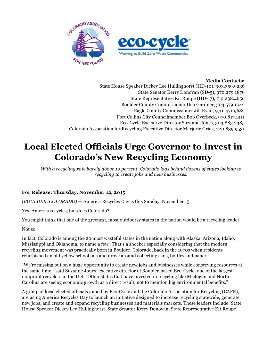 Local Elected Officials Urge Governor to Invest in Colorado's New