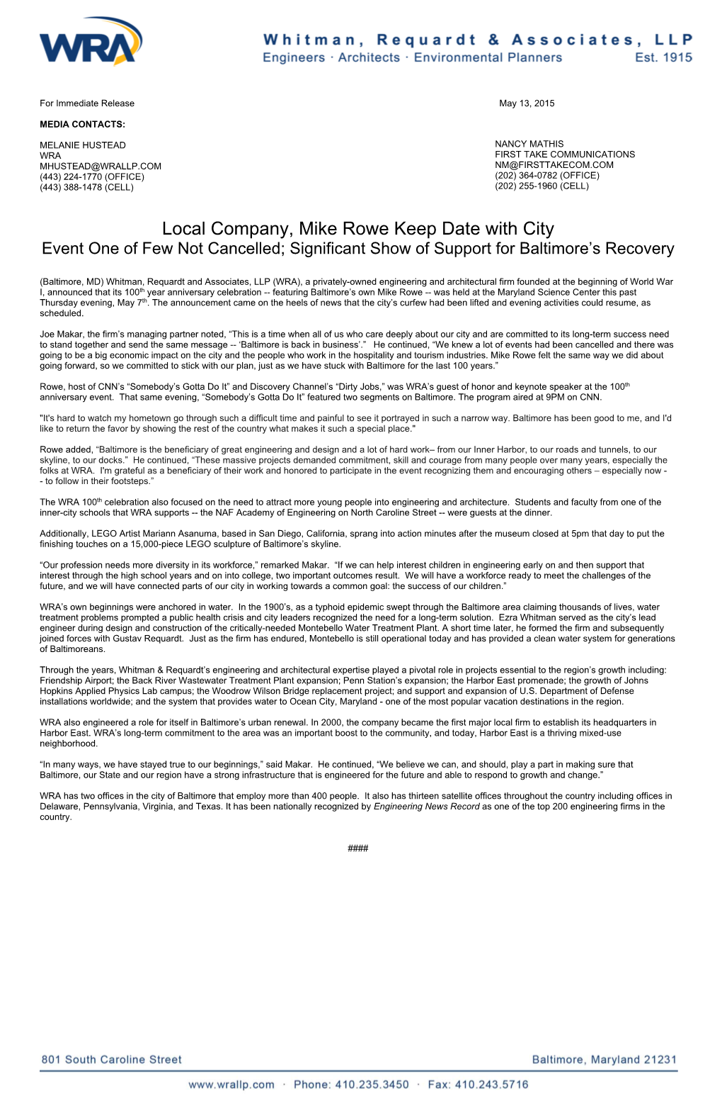 Local Company, Mike Rowe Keep Date with City Event One of Few Not Cancelled; Significant Show of Support for Baltimore’S Recovery