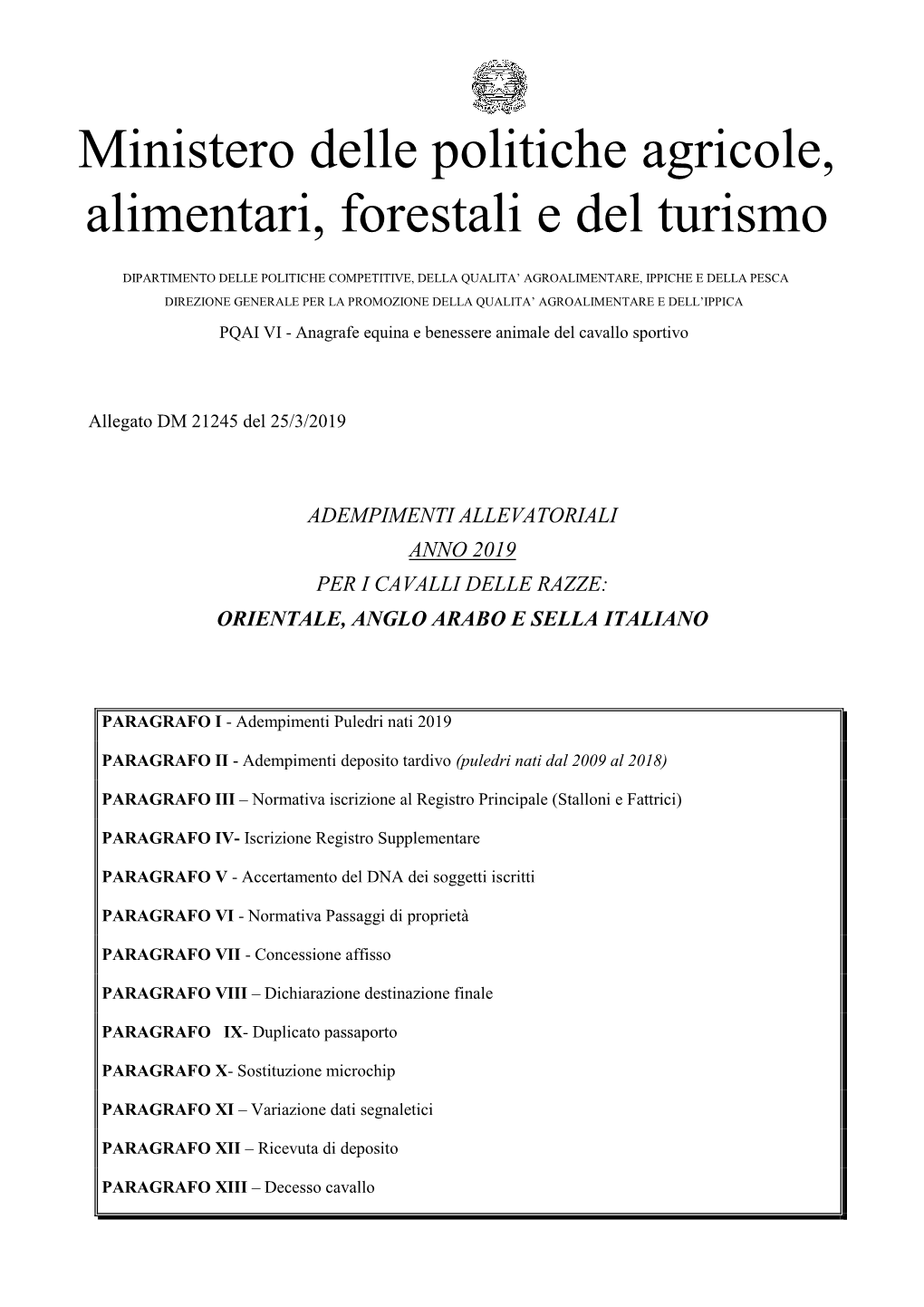 Circolare Adempimenti Allevatoriali Anno 2019 Cavalli Razze Orientale, Anglo Arabo E Sella Italiano