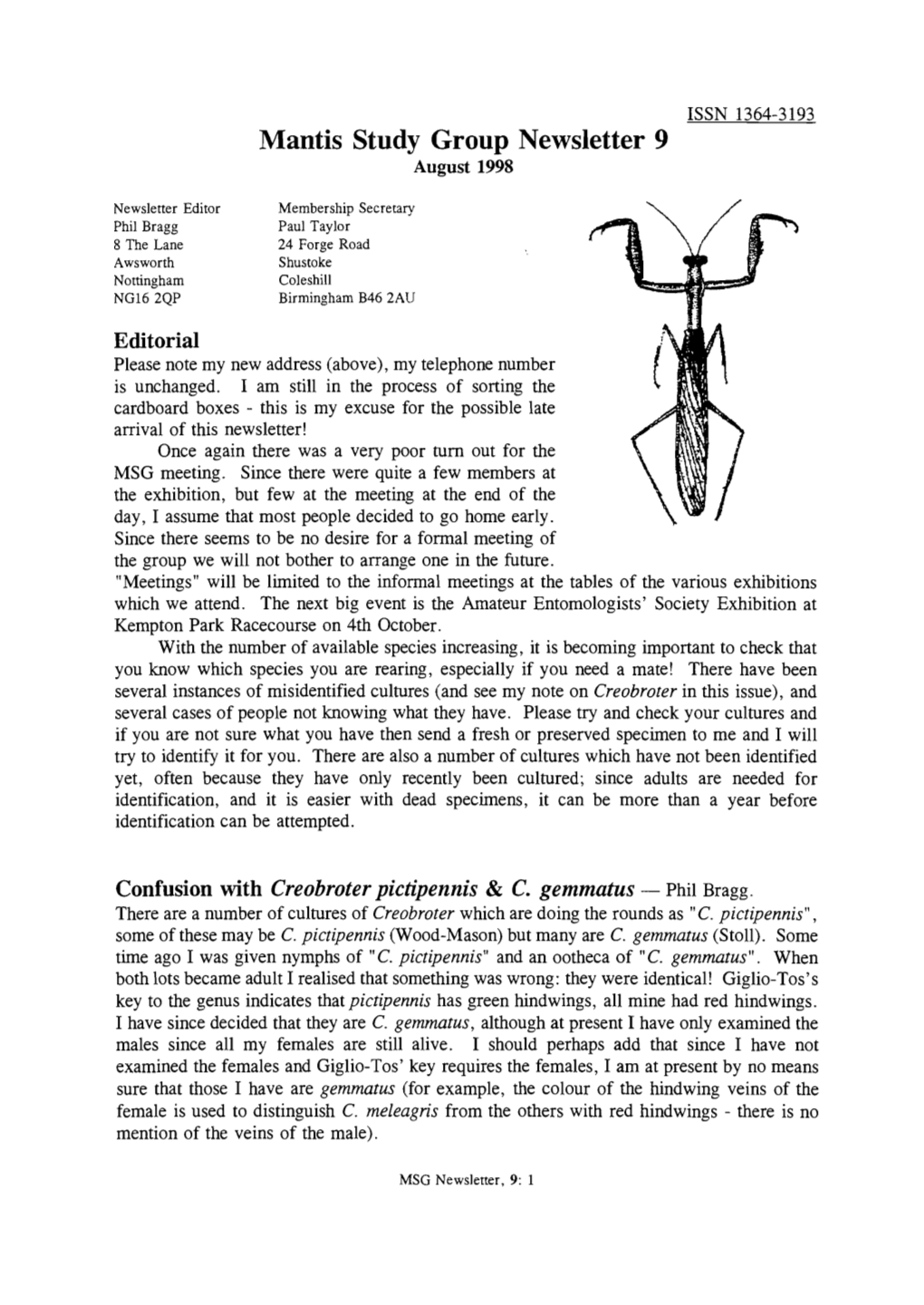 Mantis Study Group Newsletter, 9 (August 1998)