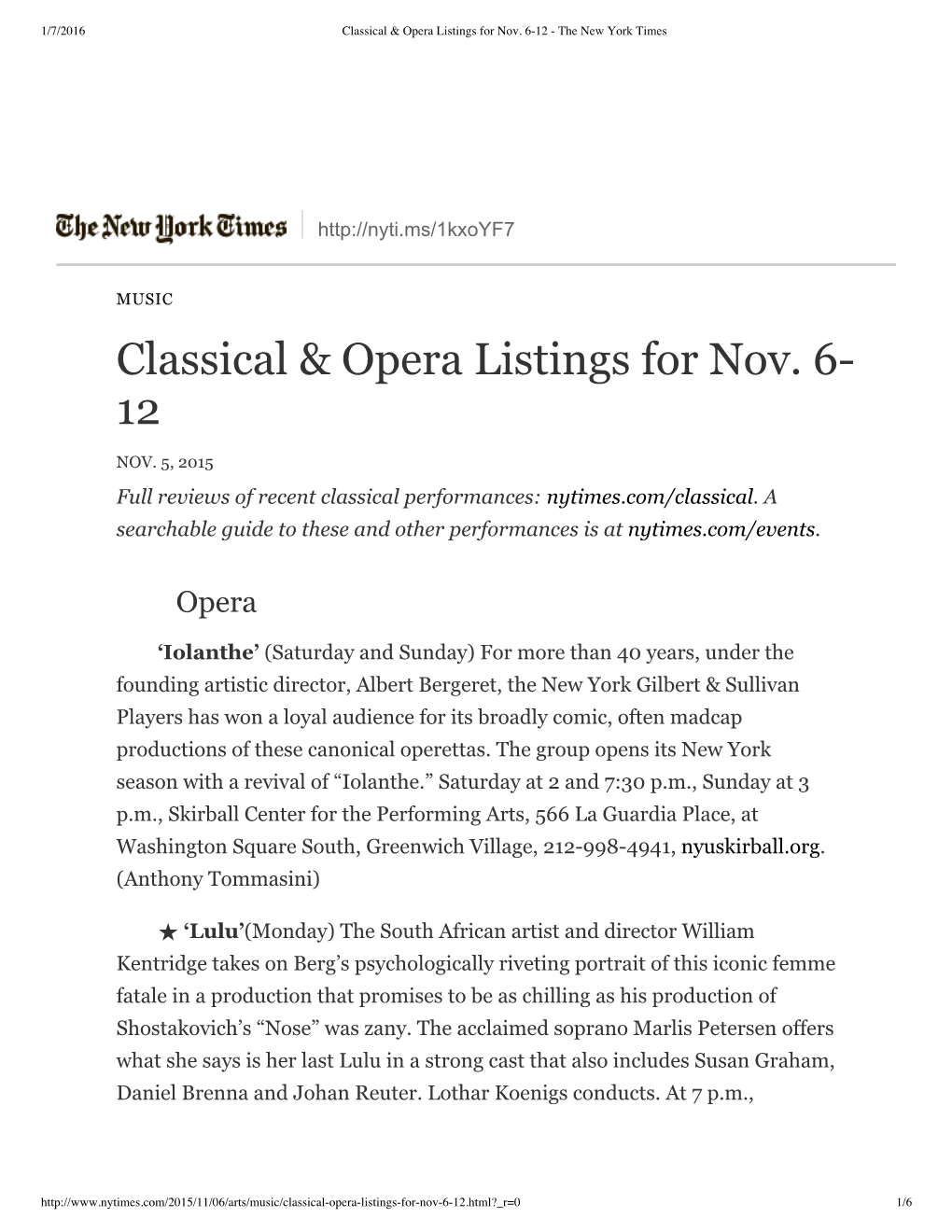 Classical & Opera Listings for Nov. 6- 12