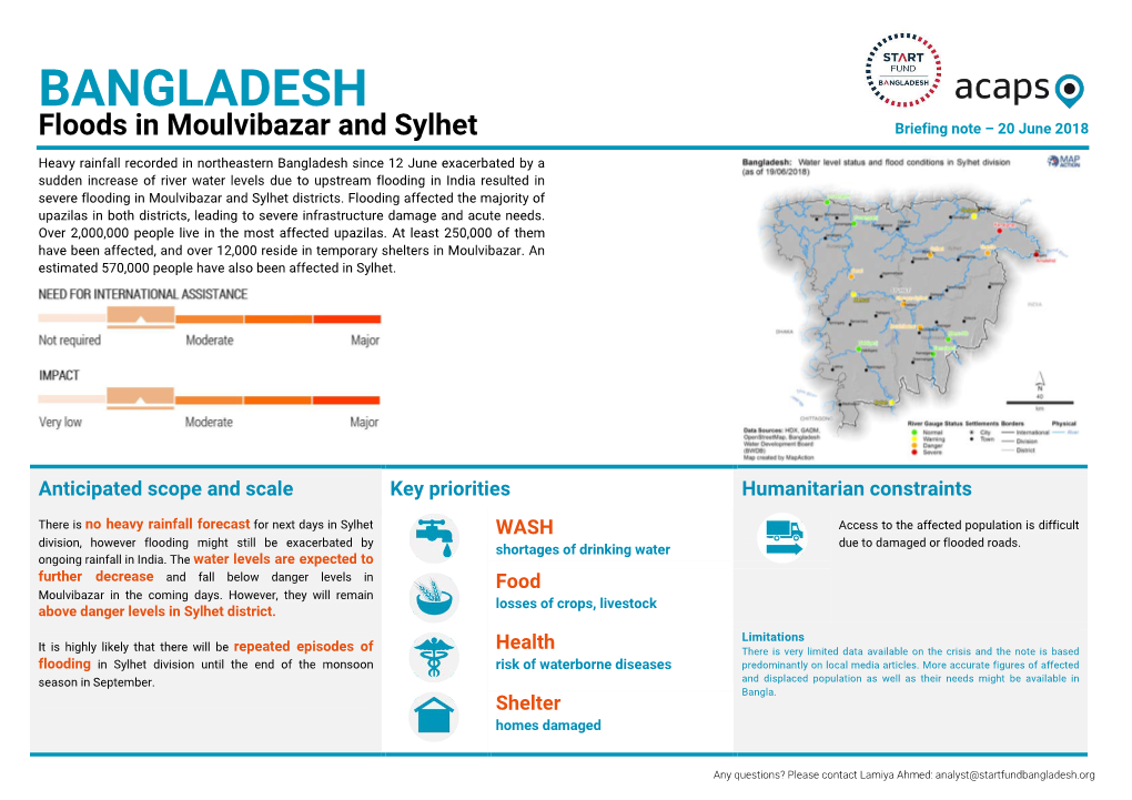 BANGLADESH Floods in Moulvibazar and Sylhet Briefing Note – 20 June 2018