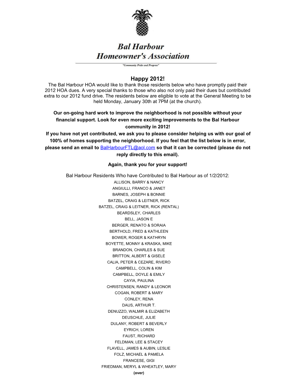 Listing of Bal Harbour Residents Who Have Paid 2011 Annual Dues As of 1/4/2011