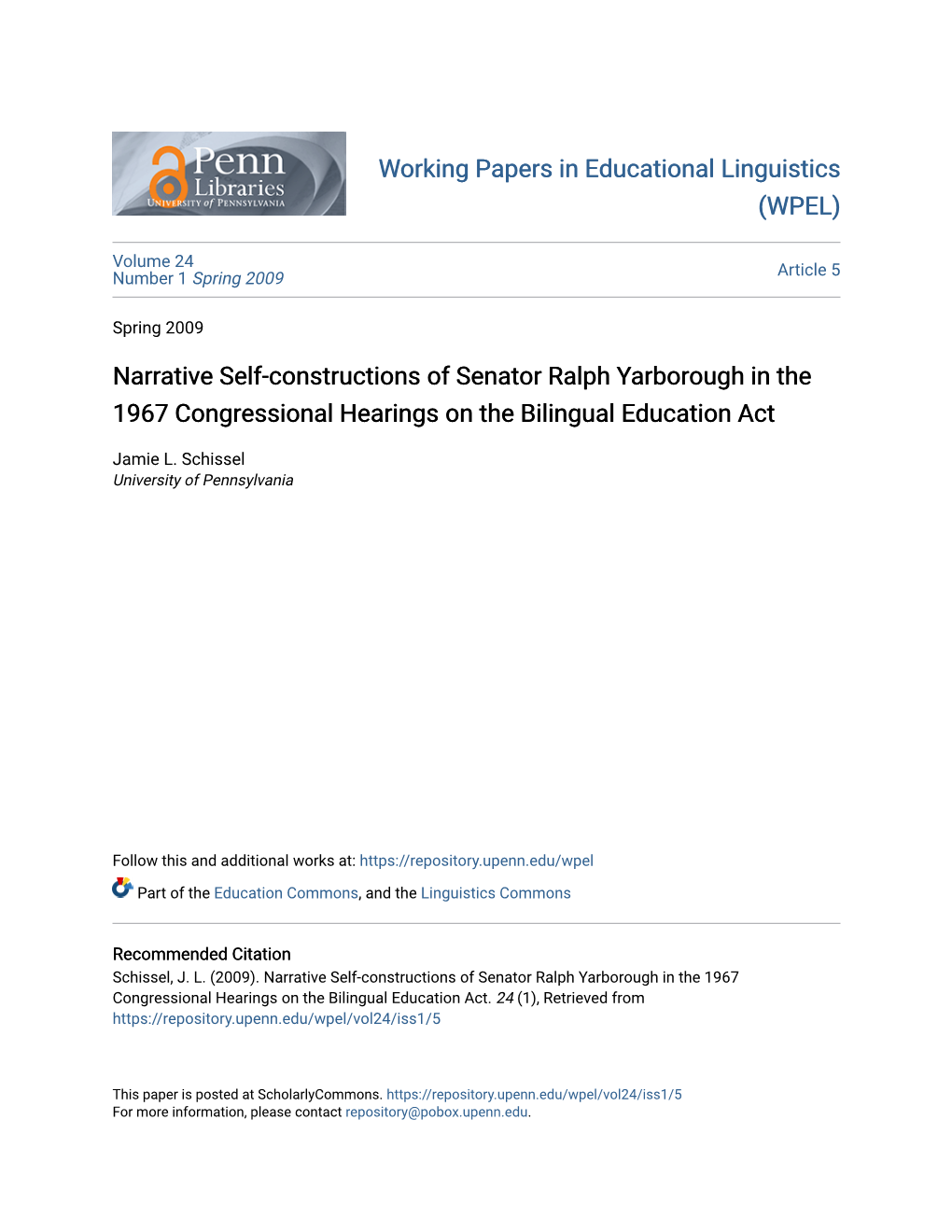 Narrative Self-Constructions of Senator Ralph Yarborough in the 1967 Congressional Hearings on the Bilingual Education Act