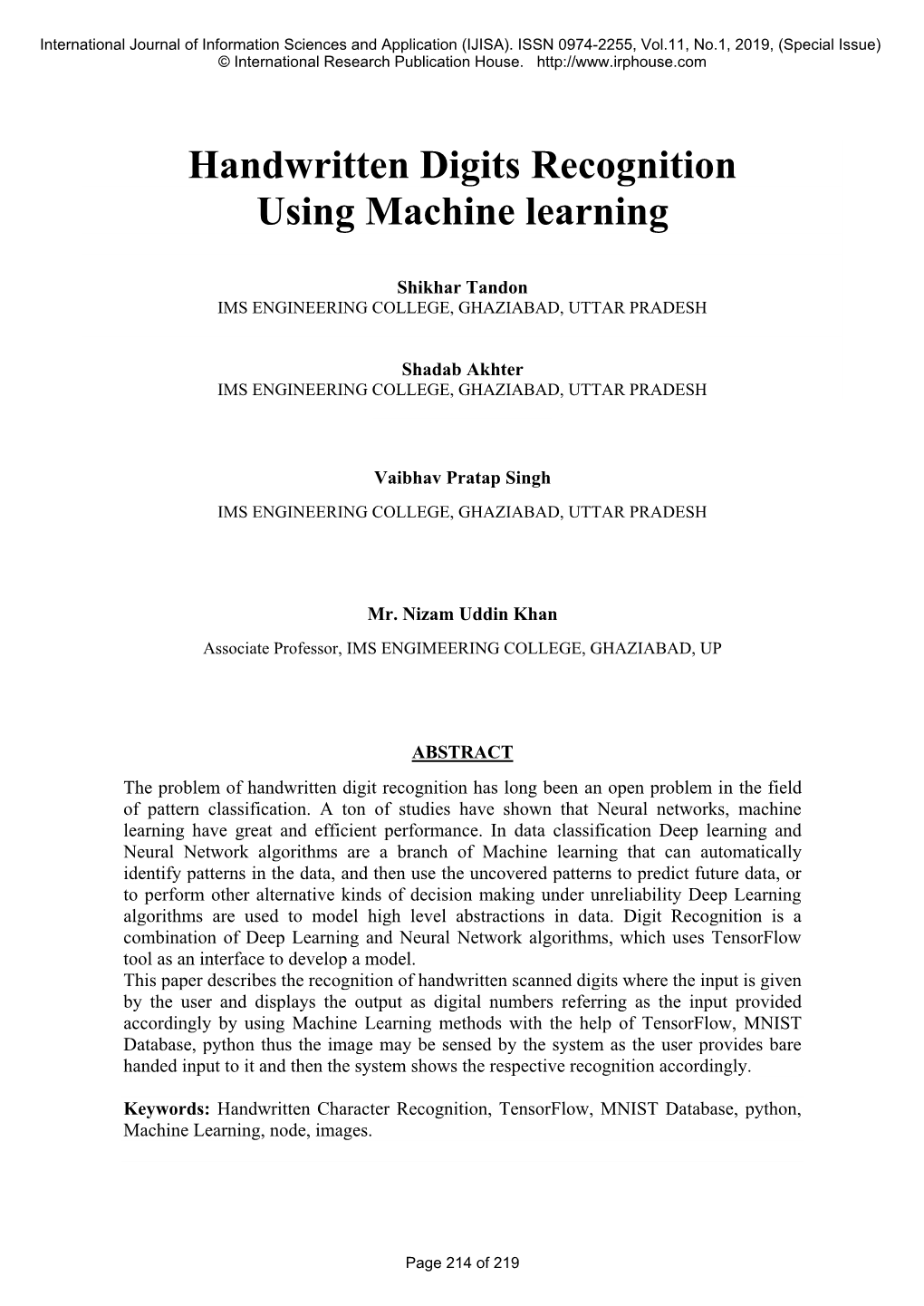 Handwritten Digits Recognition Using Machine Learning