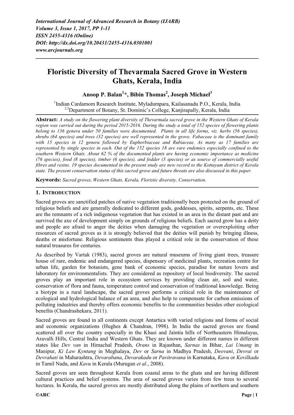 Floristic Diversity of Thevarmala Sacred Grove in Western Ghats, Kerala, India