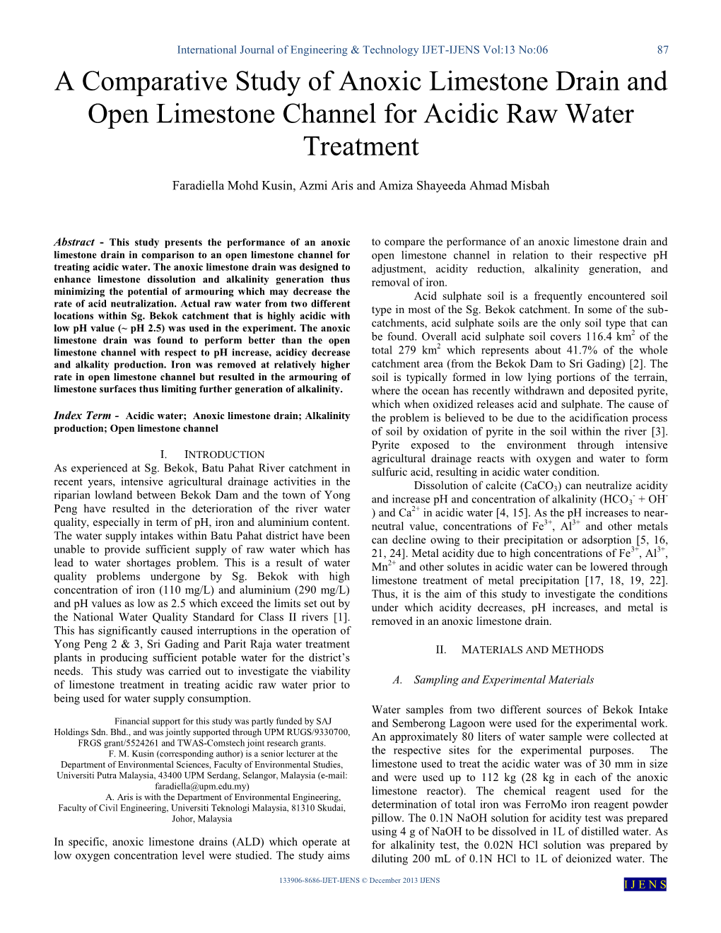 A Comparative Study of Anoxic Limestone Drain and Open Limestone Channel for Acidic Raw Water Treatment