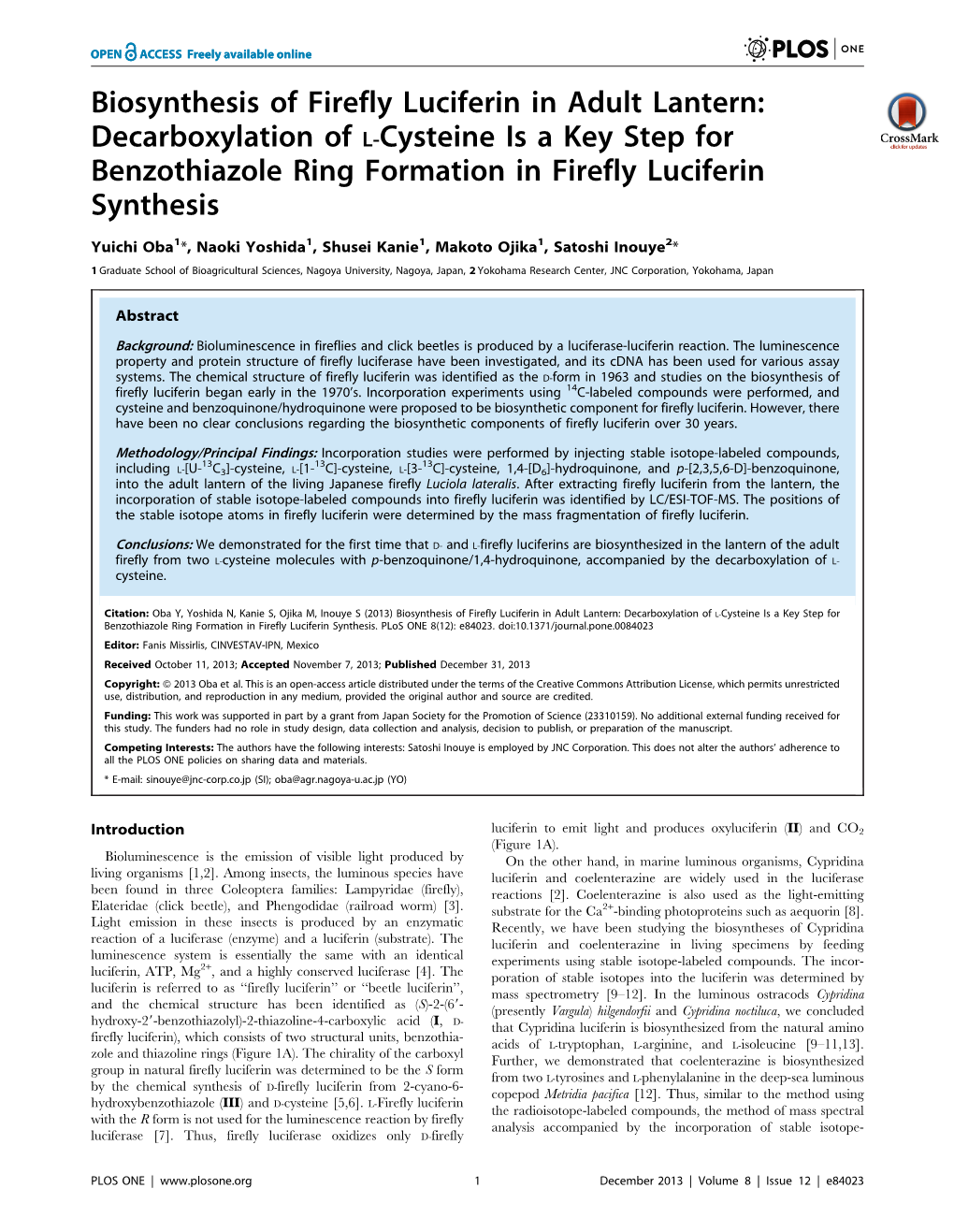 Decarboxylation of L-Cysteine Is a Key Step for Benzothiazole Ring Formation in Firefly Luciferin Synthesis