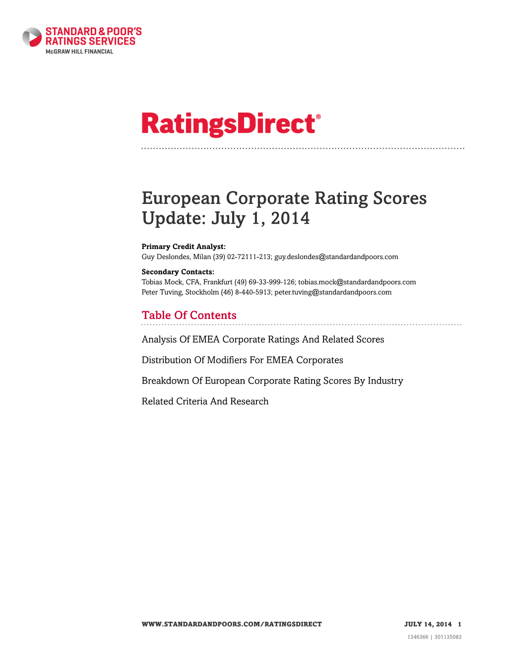 European Corporate Rating Scores Update: July 1, 2014