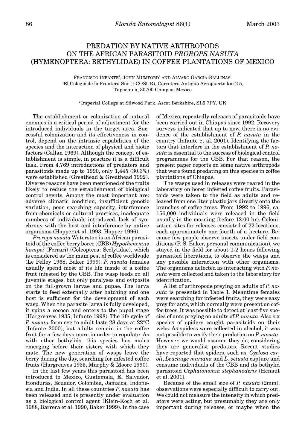 Predation by Native Arthropods on the African Parasitoid Prorops Nasuta (Hymenoptera: Bethylidae) in Coffee Plantations of Mexico