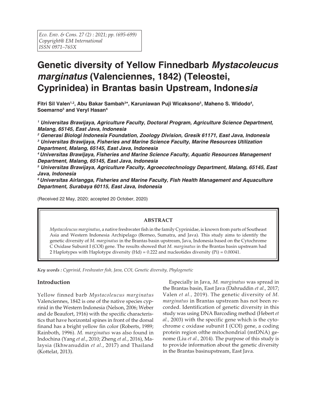 Genetic Diversity of Yellow Finnedbarb Mystacoleucus Marginatus (Valenciennes, 1842) (Teleostei, Cyprinidea) in Brantas Basin Upstream, Indonesia