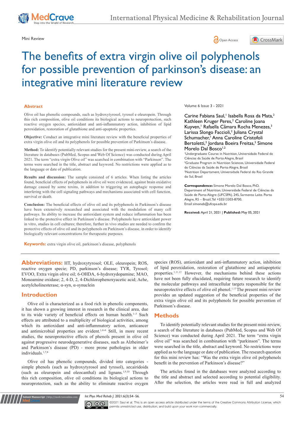 The Benefits of Extra Virgin Olive Oil Polyphenols for Possible Prevention of Parkinson’S Disease: an Integrative Mini Literature Review