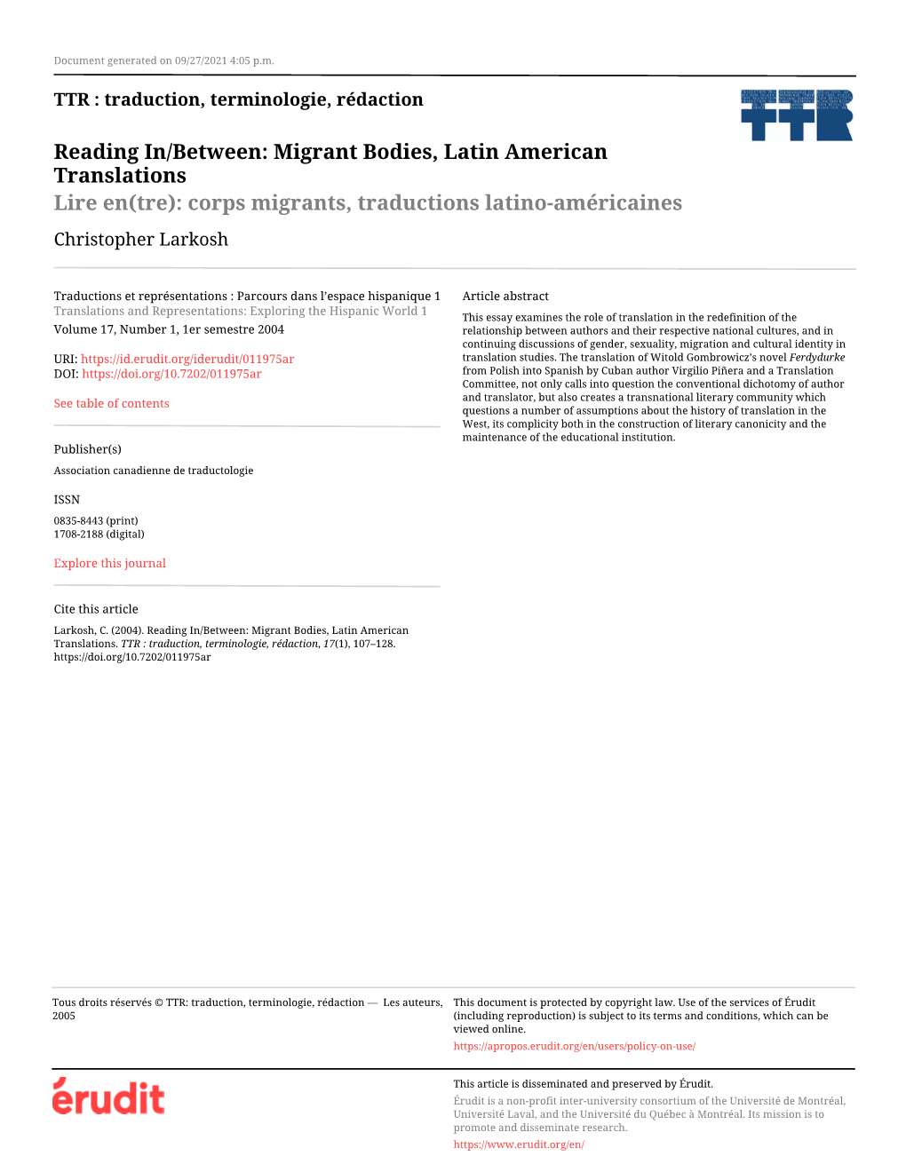 Migrant Bodies, Latin American Translations Lire En(Tre): Corps Migrants, Traductions Latino-Américaines Christopher Larkosh