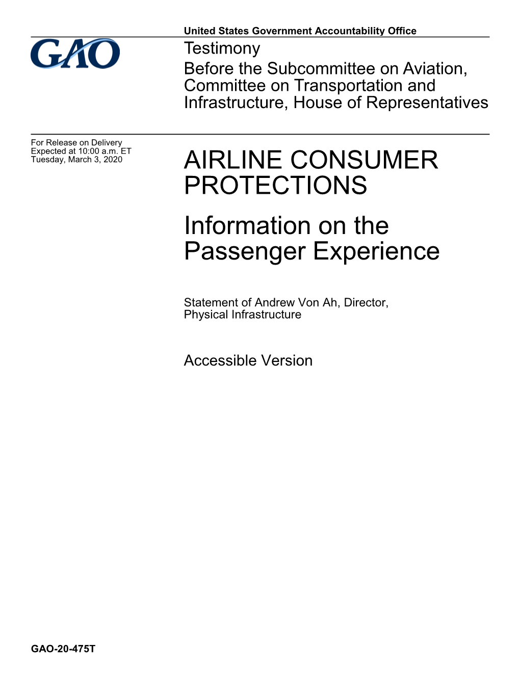 GAO-20-475T, Accessible Version, Airline Consumer Protections