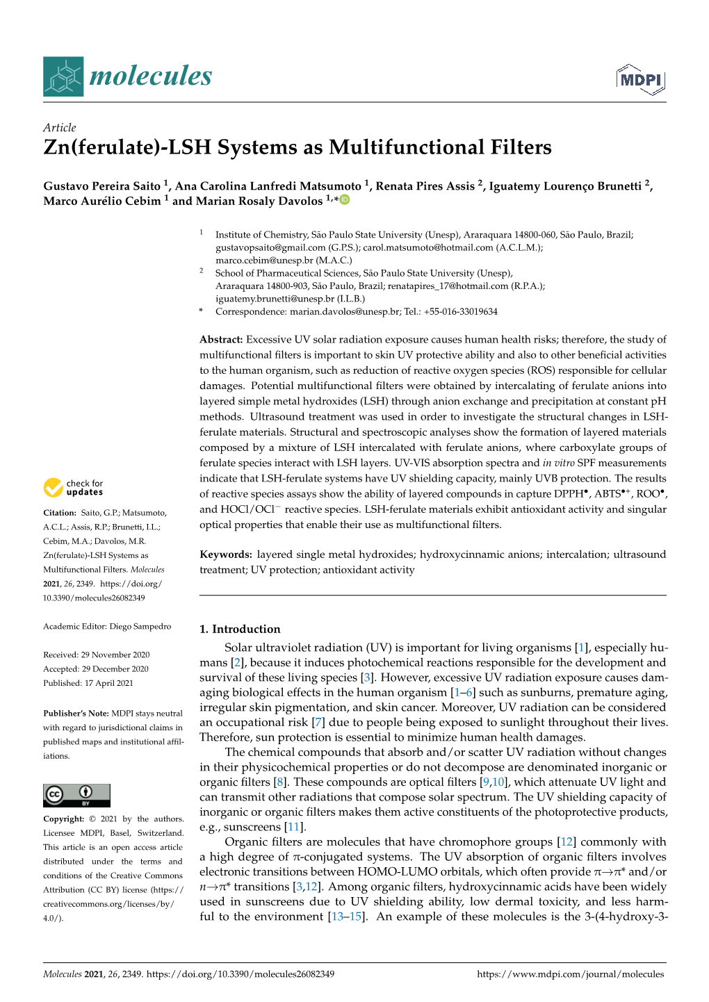 Zn(Ferulate)-LSH Systems As Multifunctional Filters