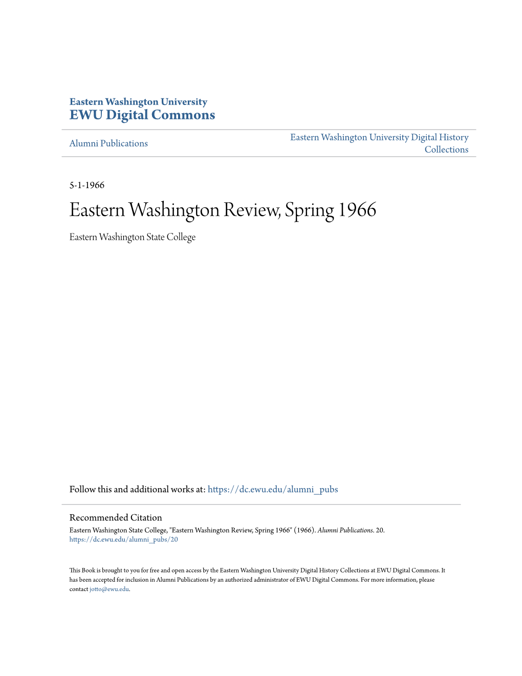 Eastern Washington Review, Spring 1966 Eastern Washington State College