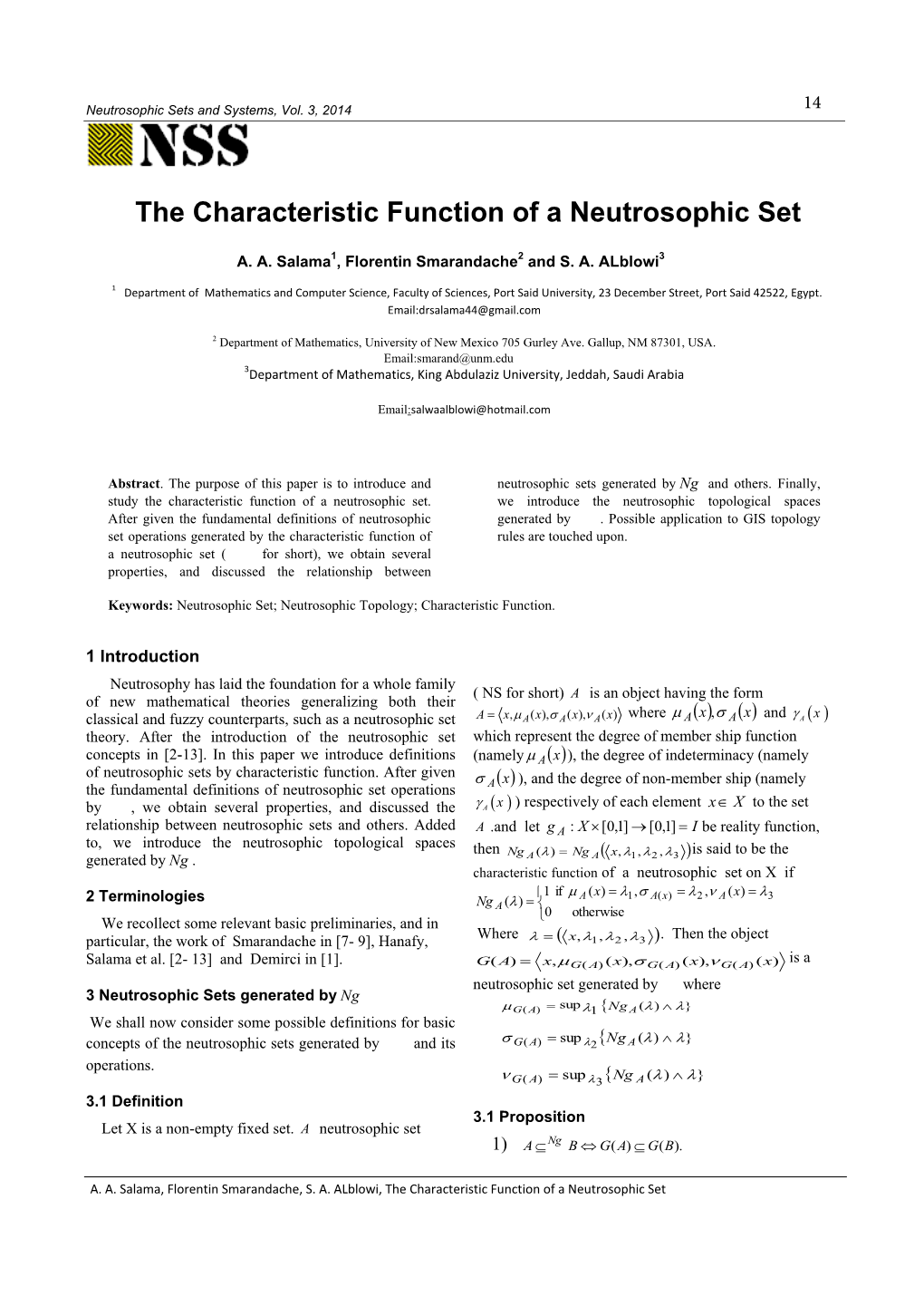 The Characteristic Function of a Neutrosophic Set