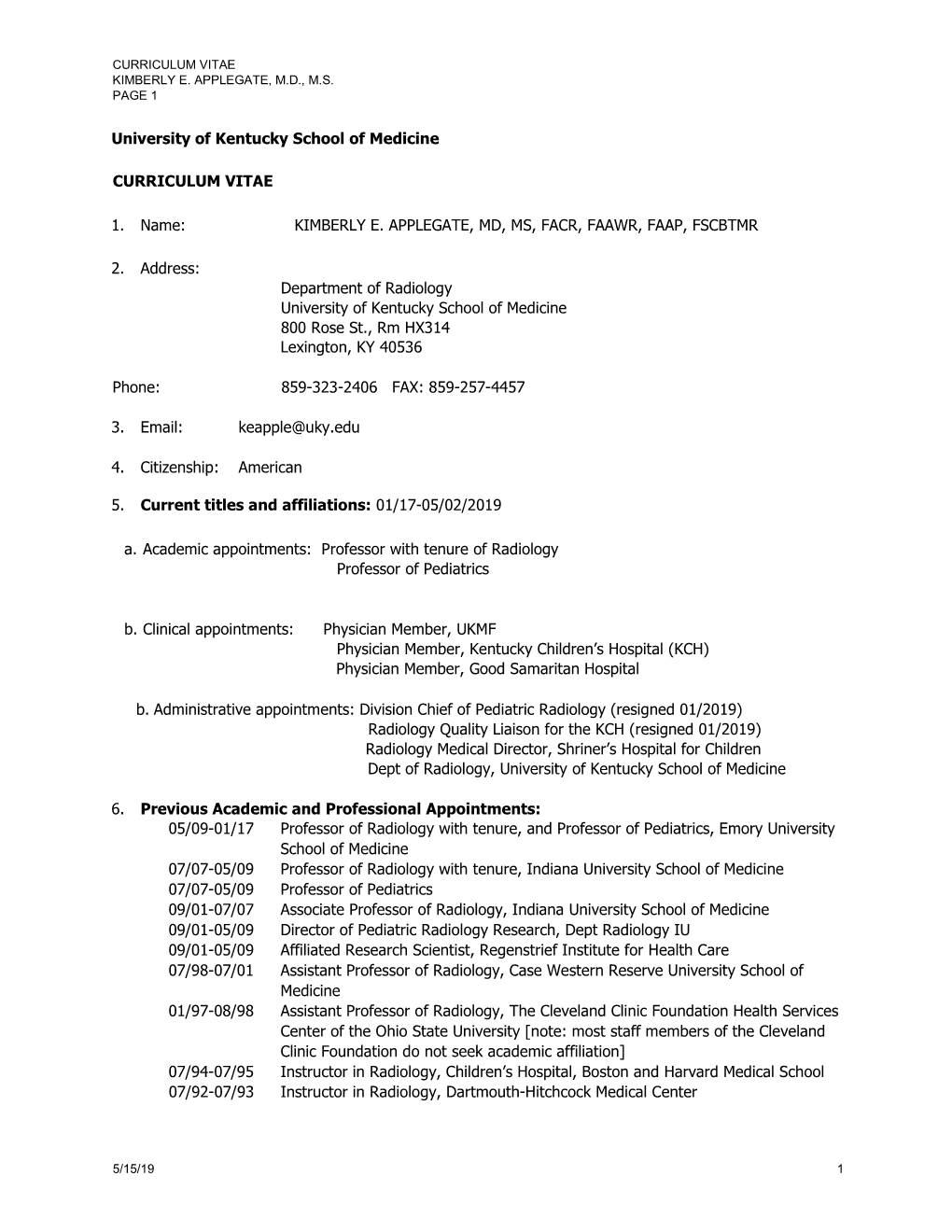 Curriculum Vitae Kimberly E. Applegate, Md, Ms Page 1 5/15/19 1