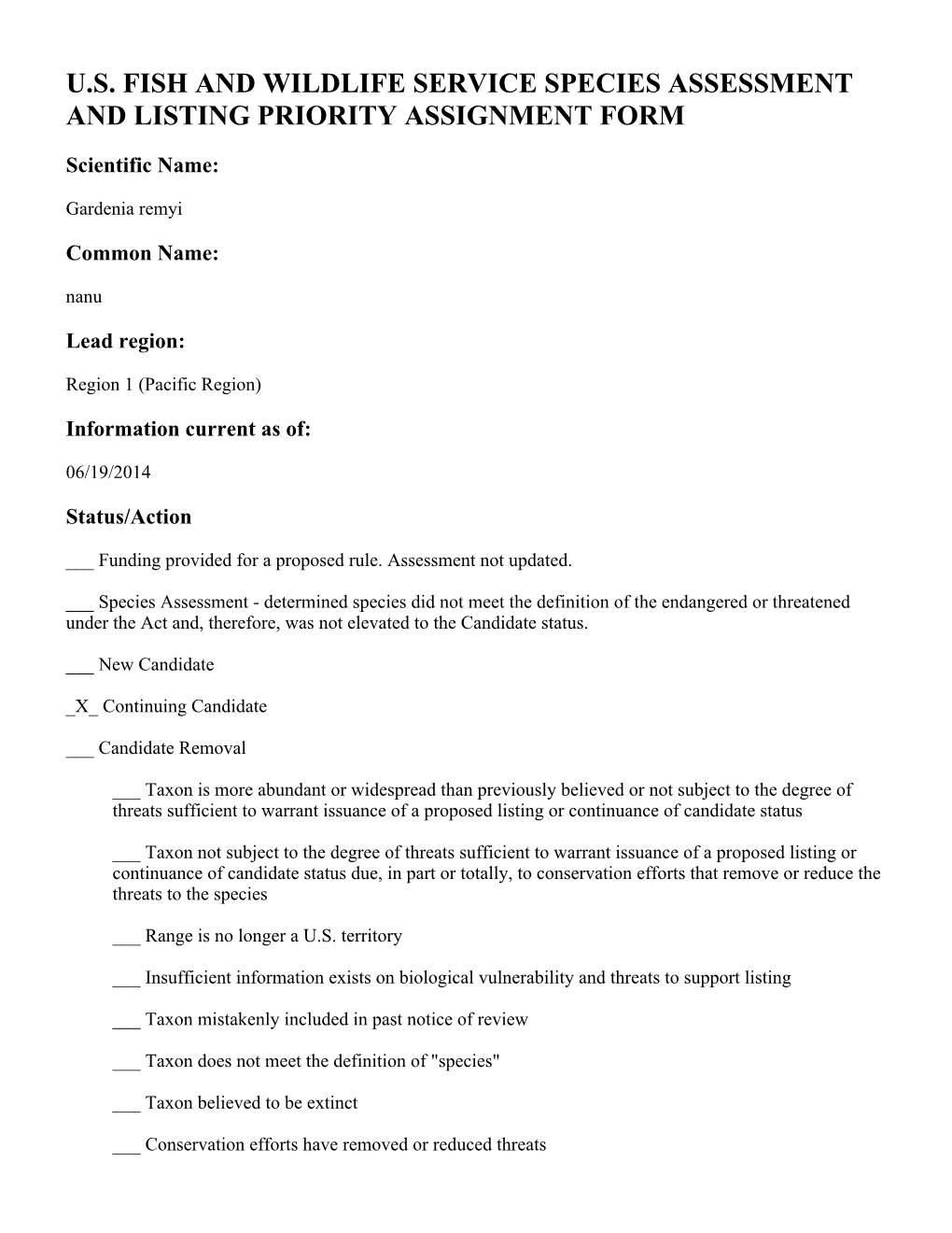 U.S. Fish and Wildlife Service Species Assessment and Listing Priority Assignment Form