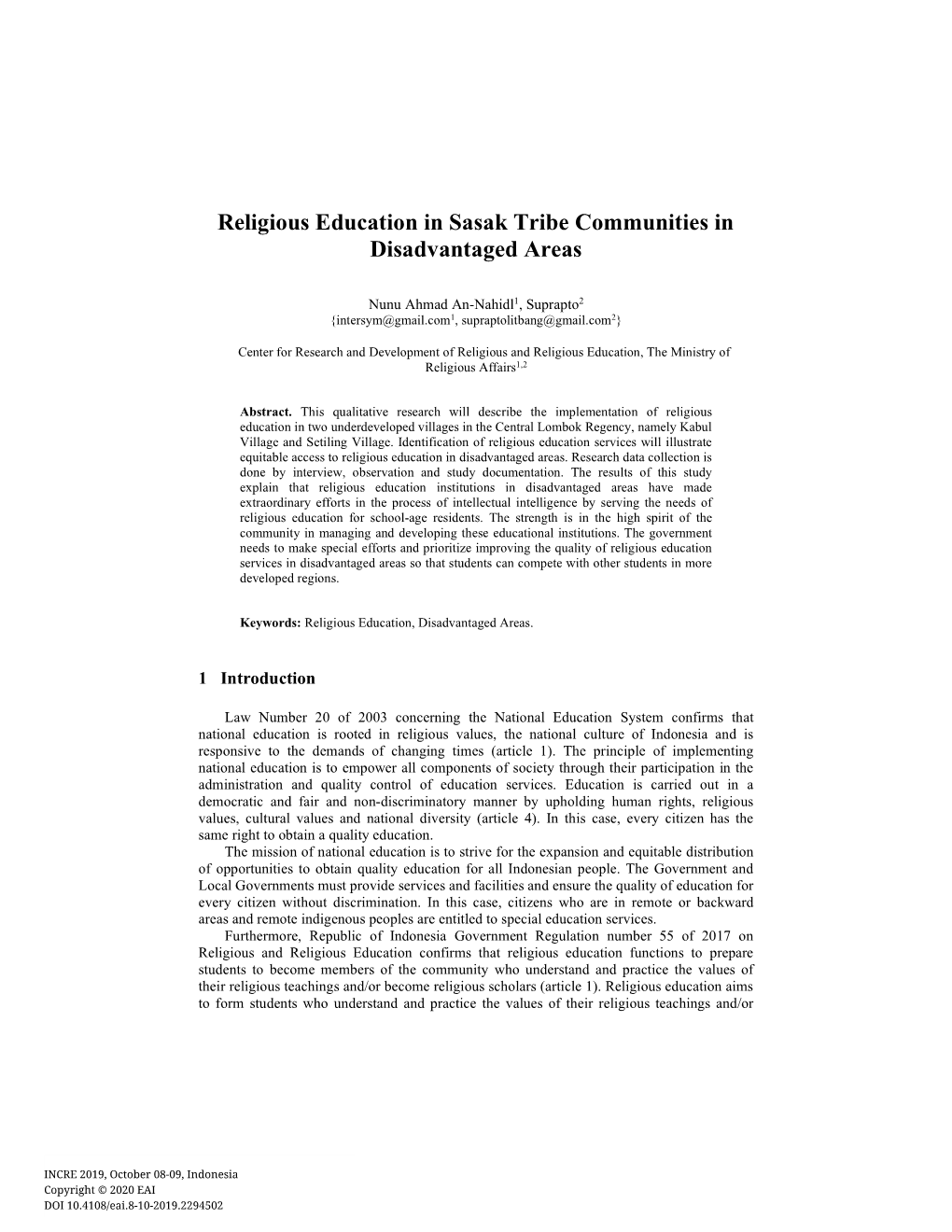 Religious Education in Sasak Tribe Communities in Disadvantaged Areas