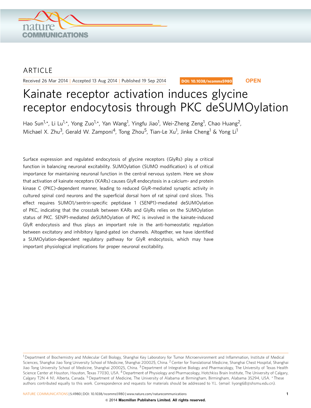 Kainate Receptor Activation Induces Glycine Receptor Endocytosis Through PKC Desumoylation