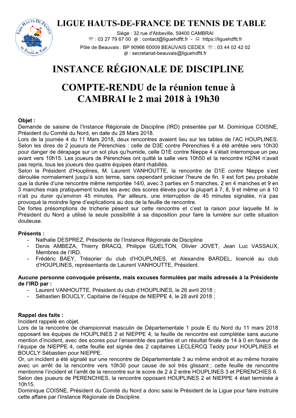 INSTANCE RÉGIONALE DE DISCIPLINE COMPTE-RENDU De