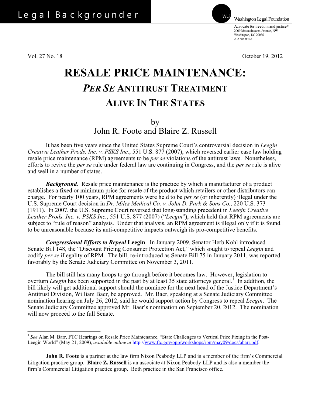 Resale Price Maintenance: Per Se Antitrust Treatment Alive in the States