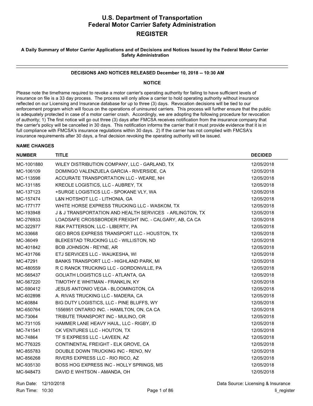 U.S. Department of Transportation Federal Motor Carrier Safety Administration REGISTER