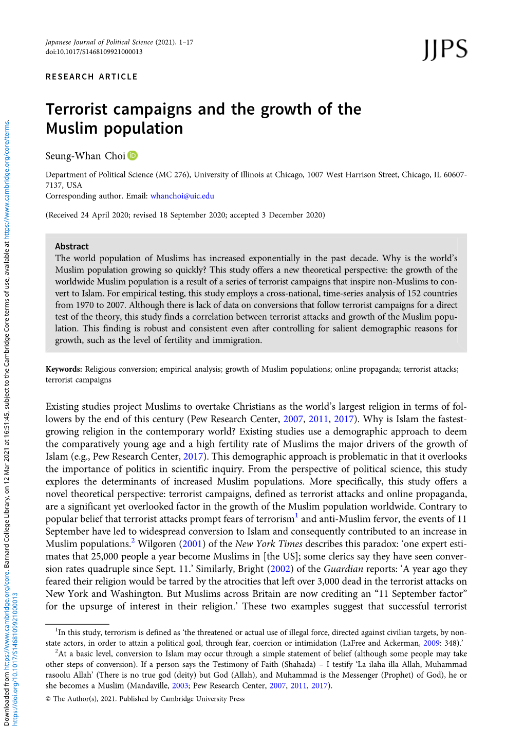 Terrorist Campaigns and the Growth of the Muslim Population