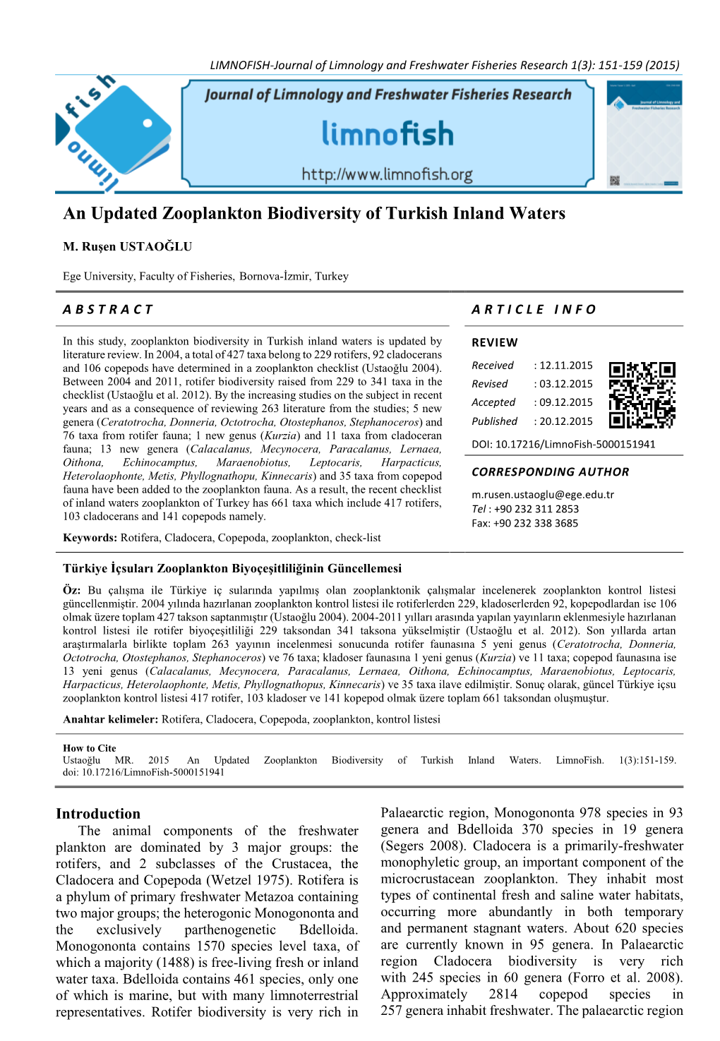 An Updated Zooplankton Biodiversity of Turkish Inland Waters