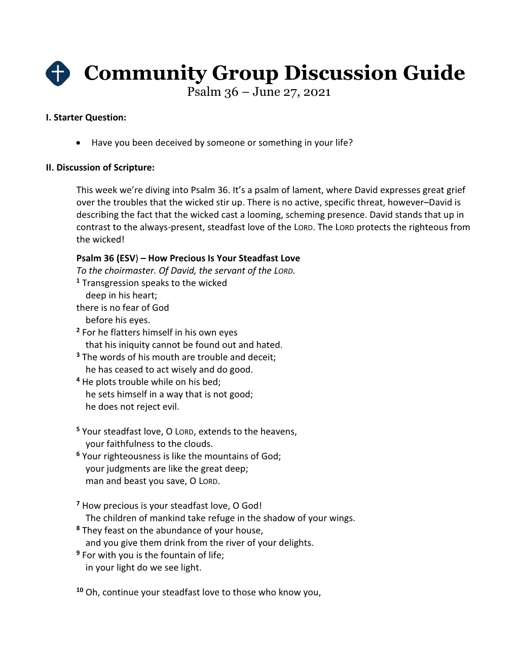 Community Group Discussion Guide Psalm 36 – June 27, 2021
