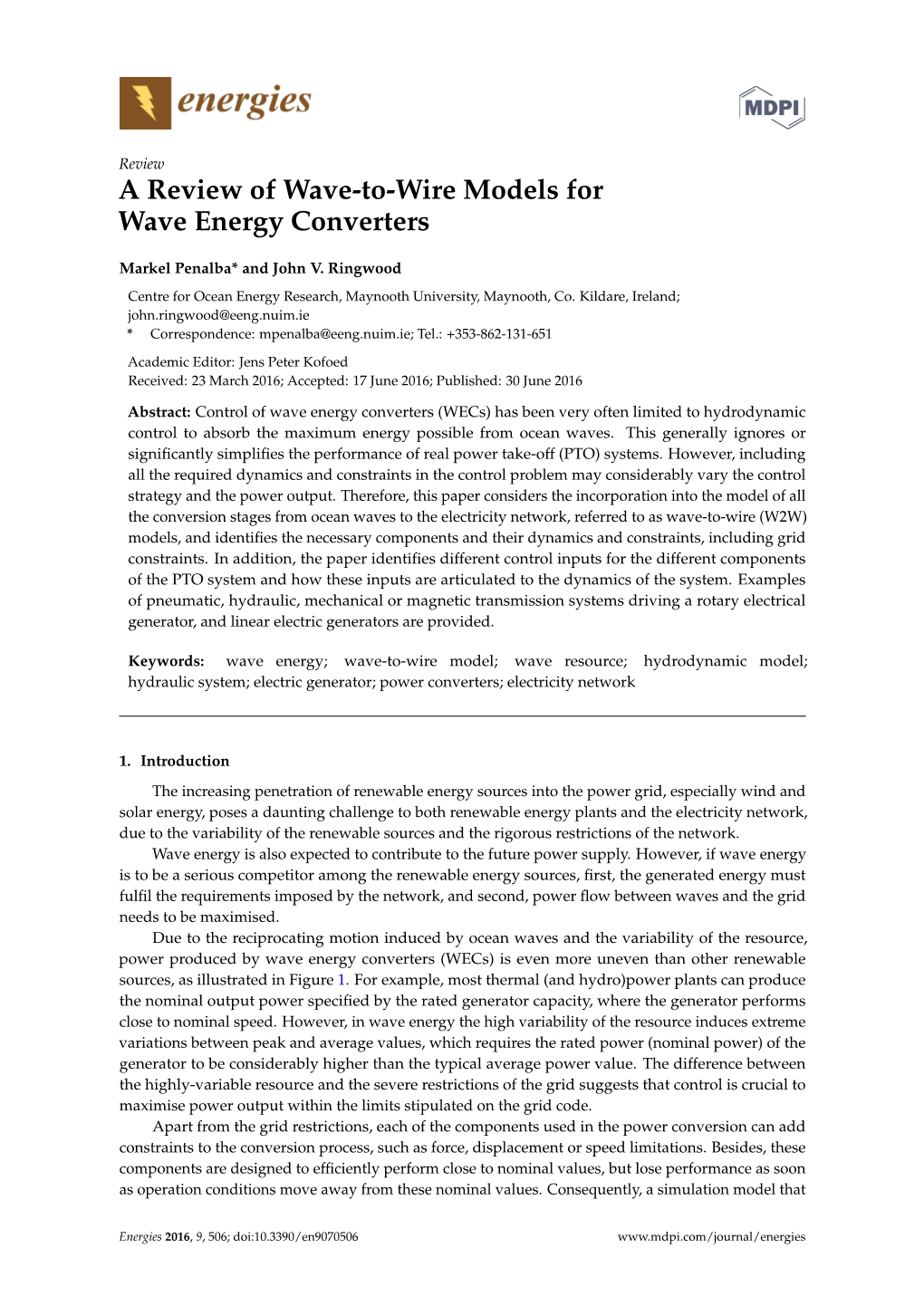 A Review of Wave-To-Wire Models for Wave Energy Converters