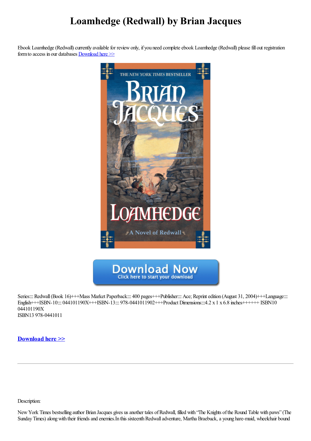 Download Ebook Loamhedge (Redwall) by Brian Jacques