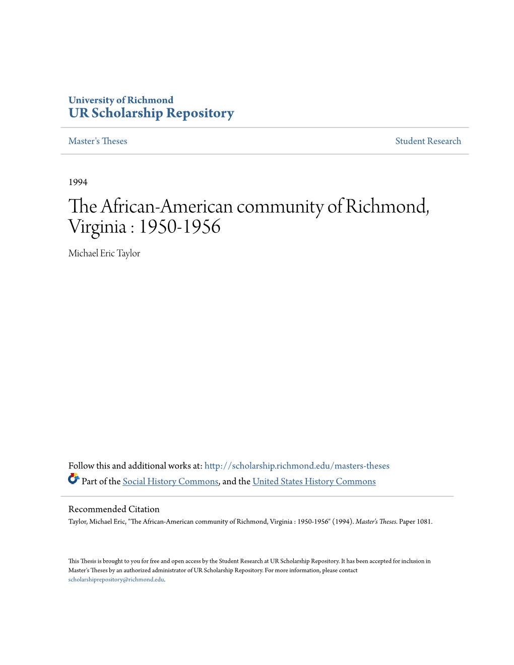 The African-American Community of Richmond, Virginia : 1950-1956 Michael Eric Taylor