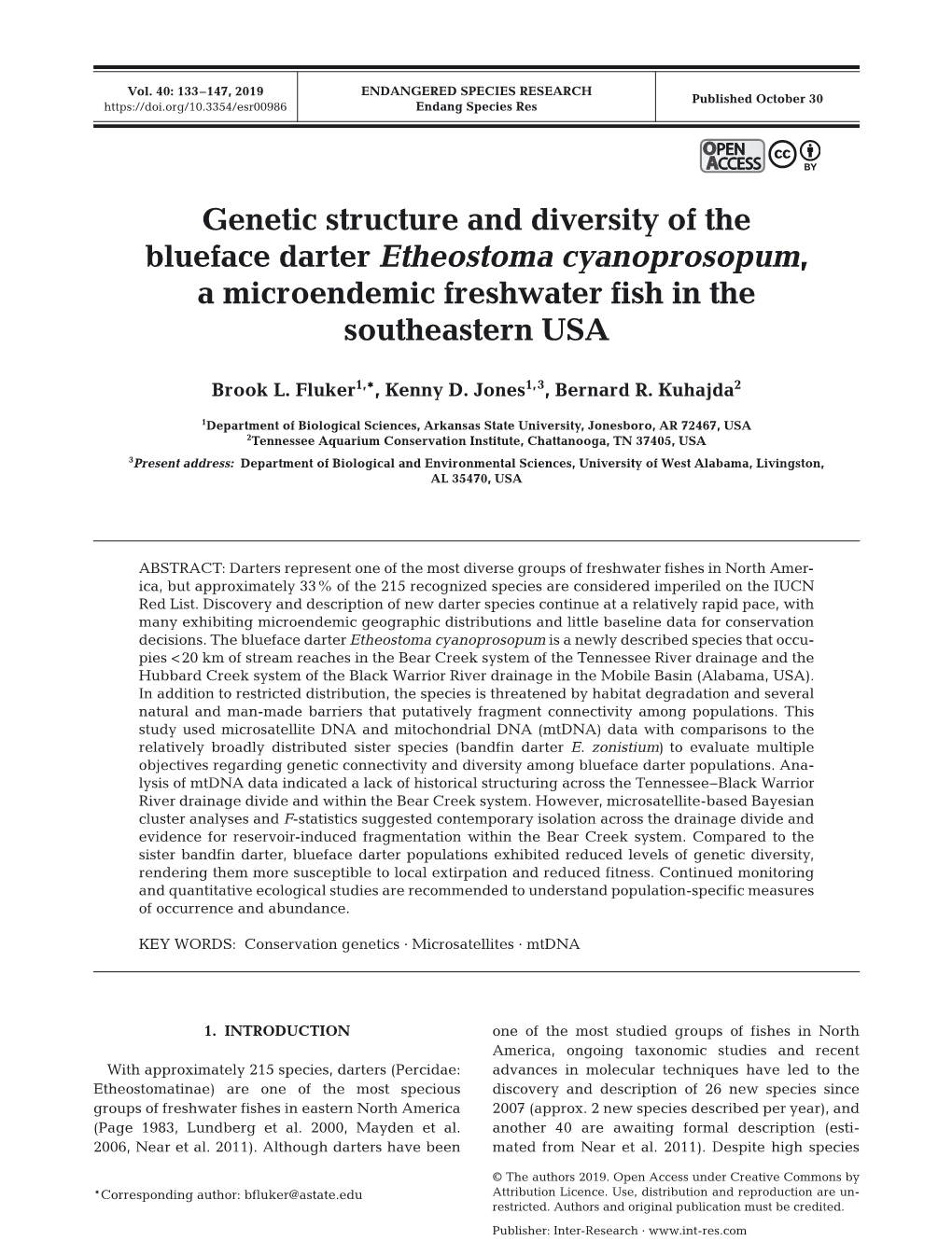 Genetic Structure and Diversity of the Blueface Darter Etheostoma Cyanoprosopum, a Microendemic Freshwater Fish in the Southeastern USA