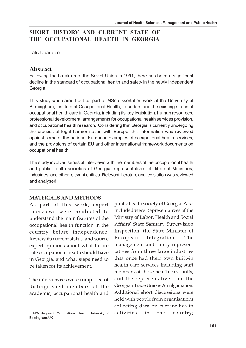 Short History and Current State of the Occupational Health in Georgia