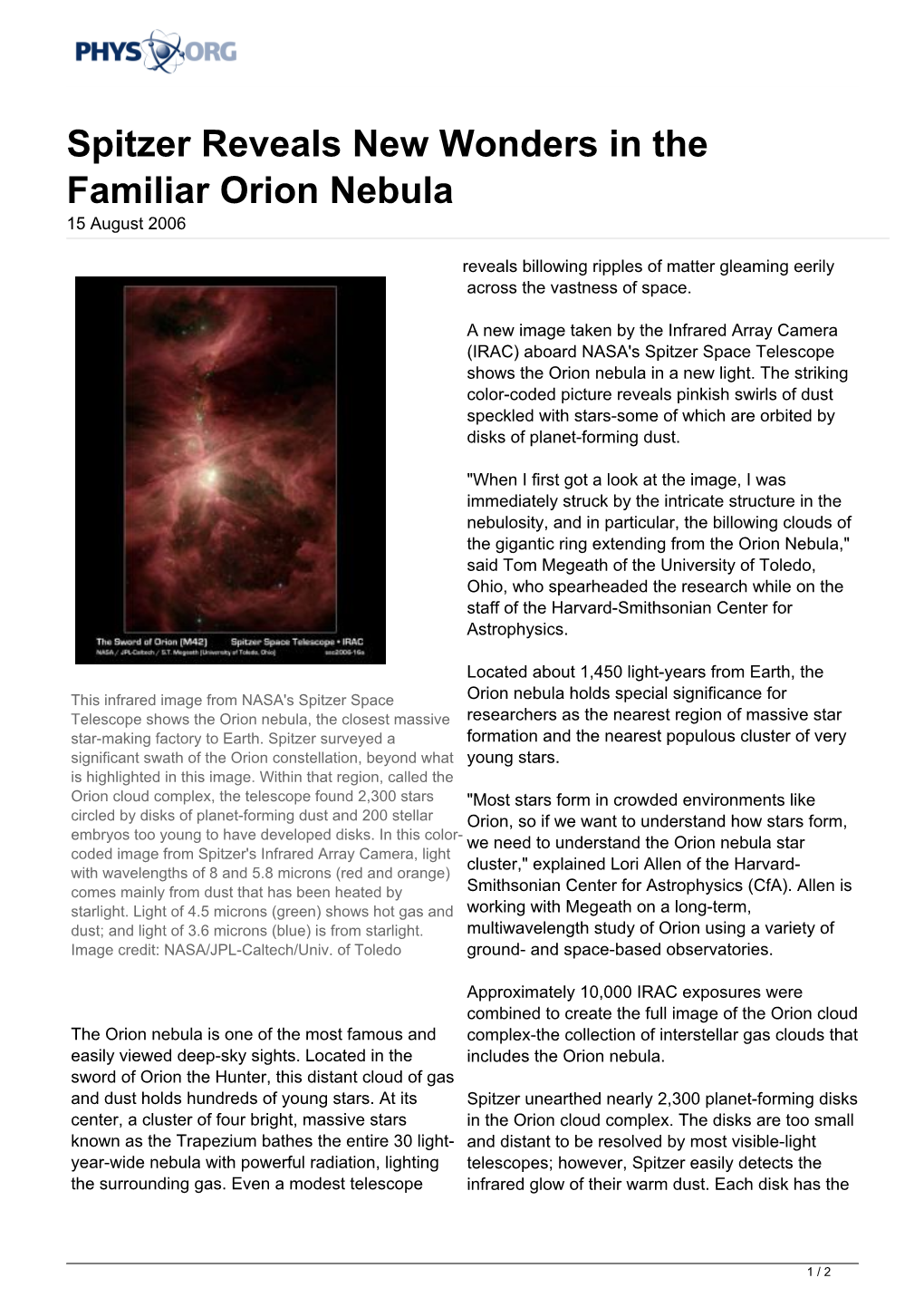 Spitzer Reveals New Wonders in the Familiar Orion Nebula 15 August 2006