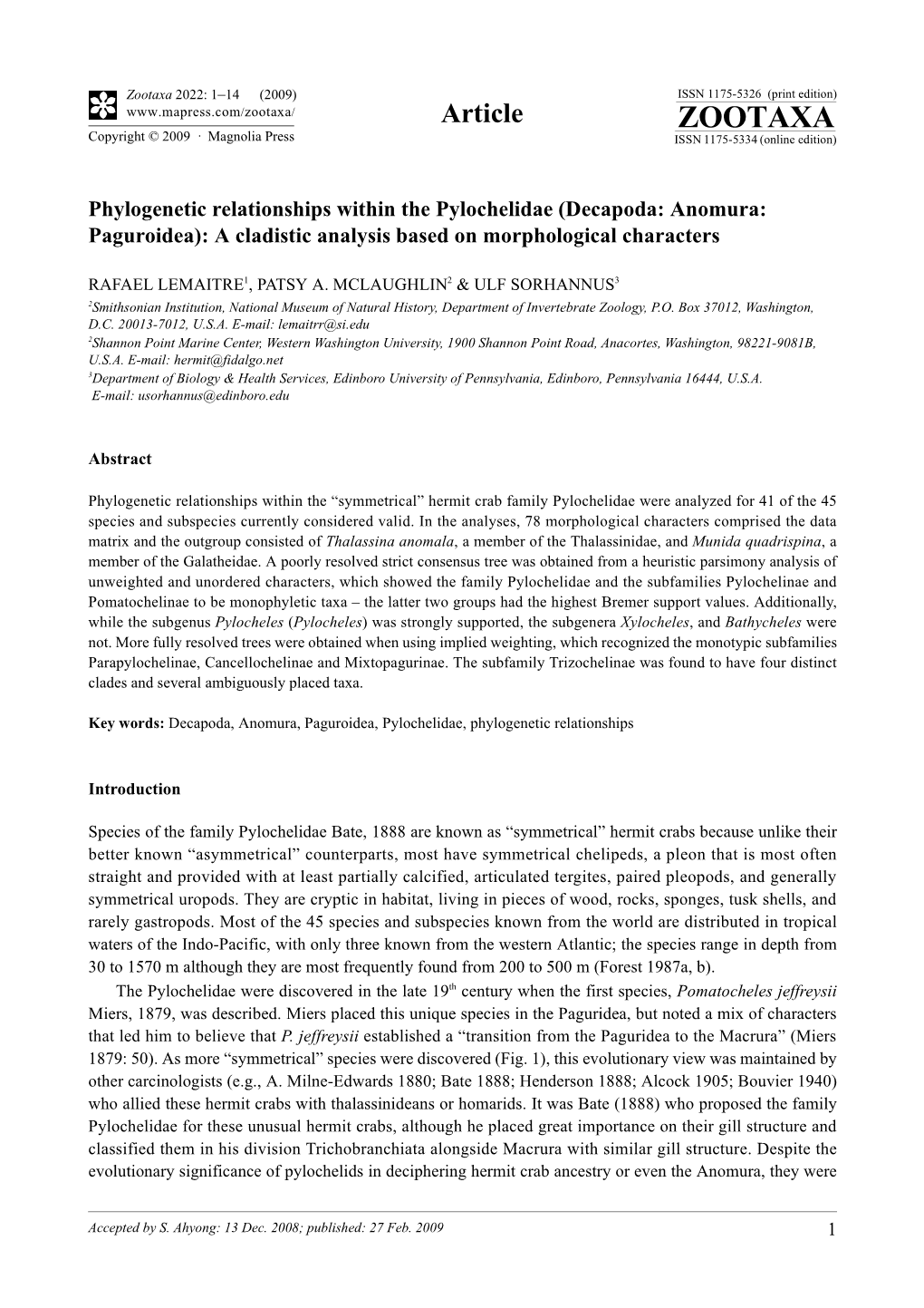 Zootaxa, Phylogenetic Relationships Within the Pylochelidae