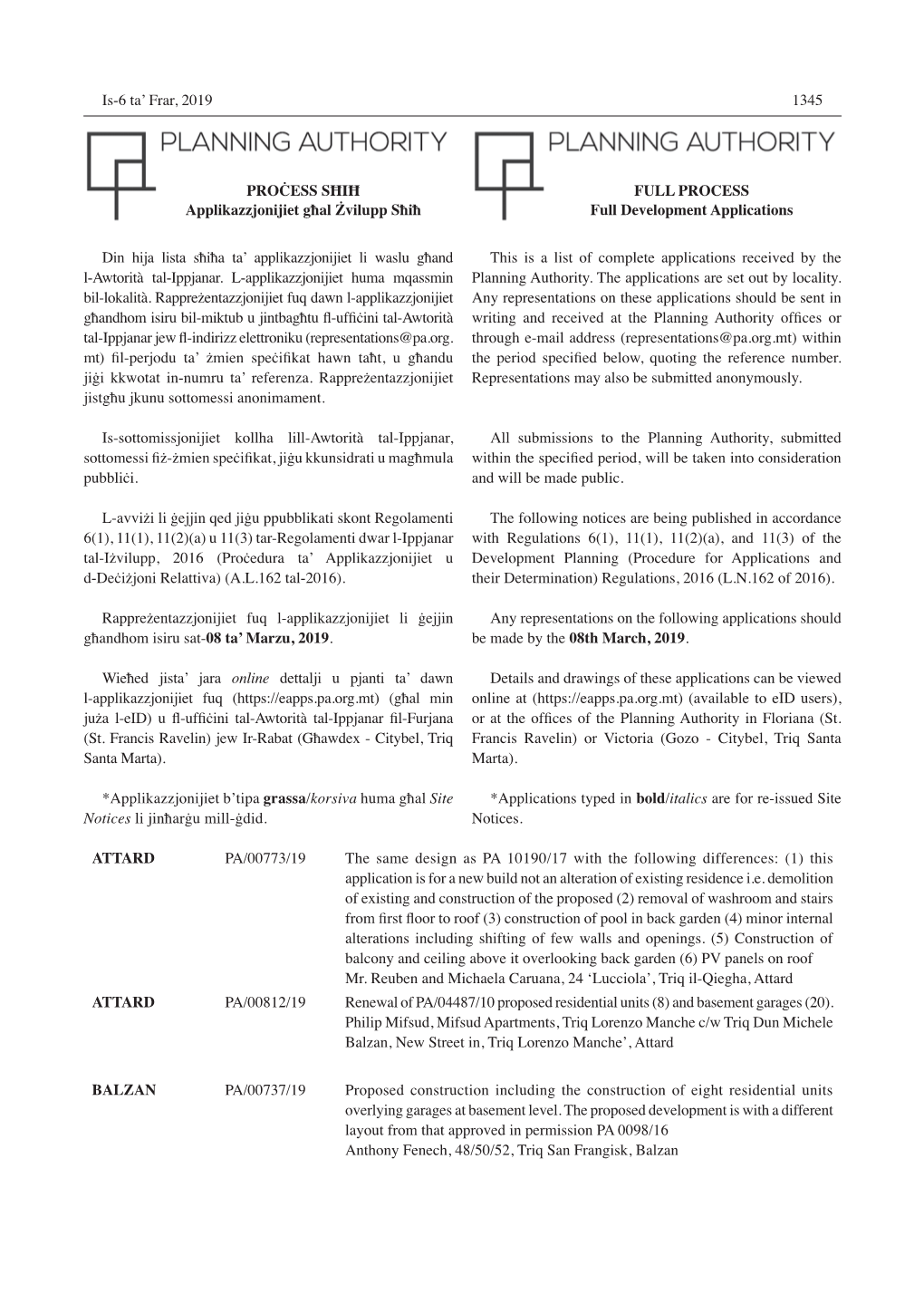 Is-6 Ta' Frar, 2019 1345 This Is a List of Complete Applications