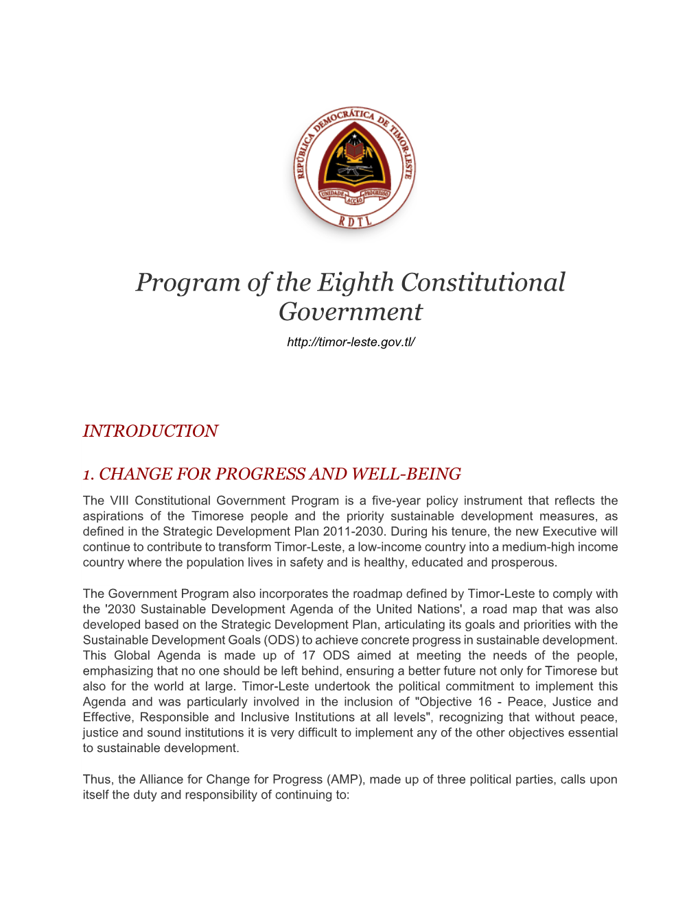Program of the Eighth Constitutional Government of Timor-Leste, 2018-2023