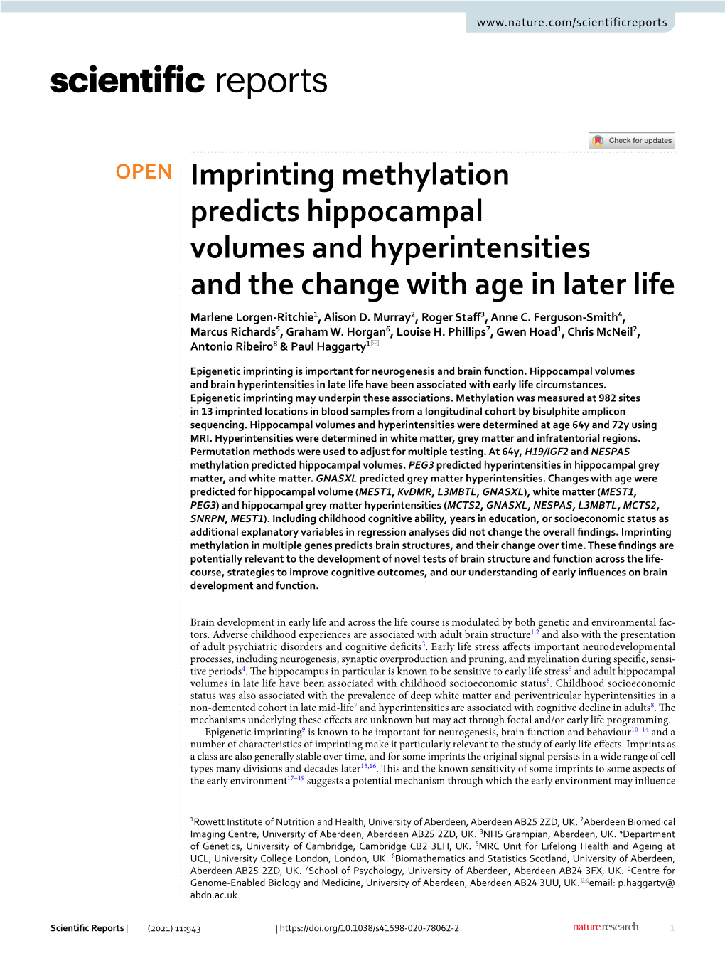 Imprinting Methylation Predicts Hippocampal Volumes and Hyperintensities and the Change with Age in Later Life Marlene Lorgen‑Ritchie1, Alison D
