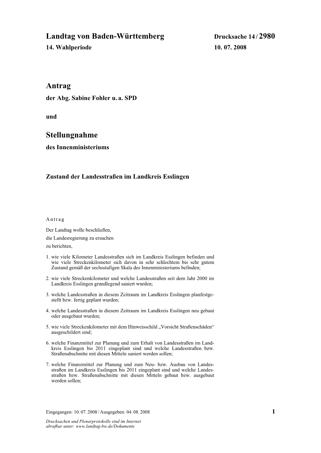 Landtag Von Baden-Württemberg Antrag Stellungnahme