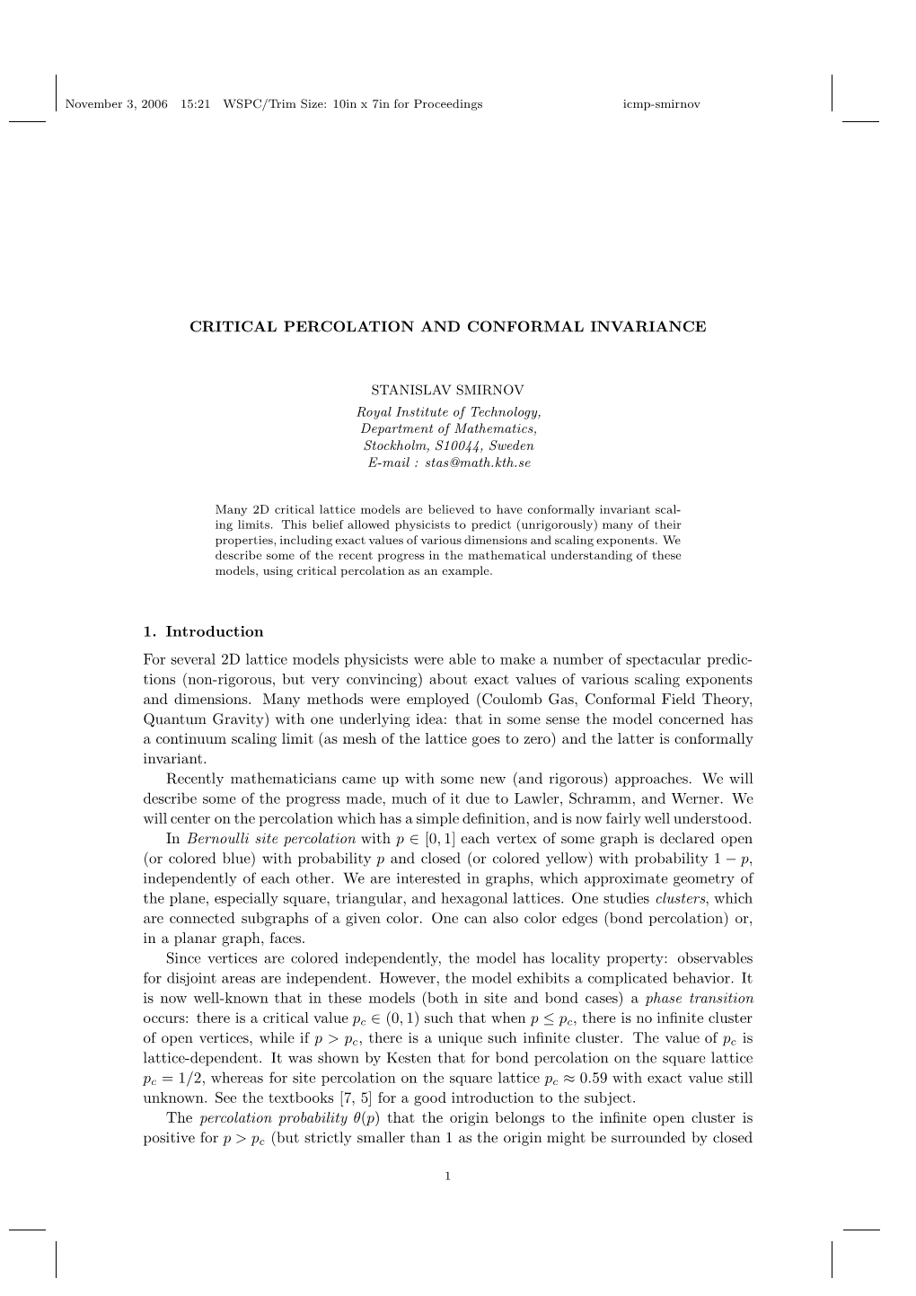 Critical Percolation and Conformal Invariance