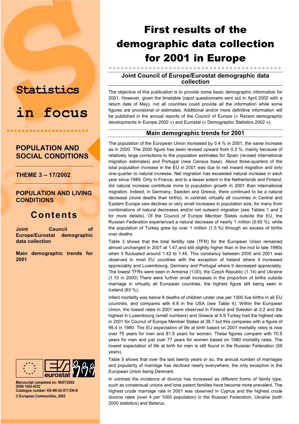 Statistics in Focus — Theme 3 — 17/2002 ————————————————————————— ) Table 1: Population Change in 2001