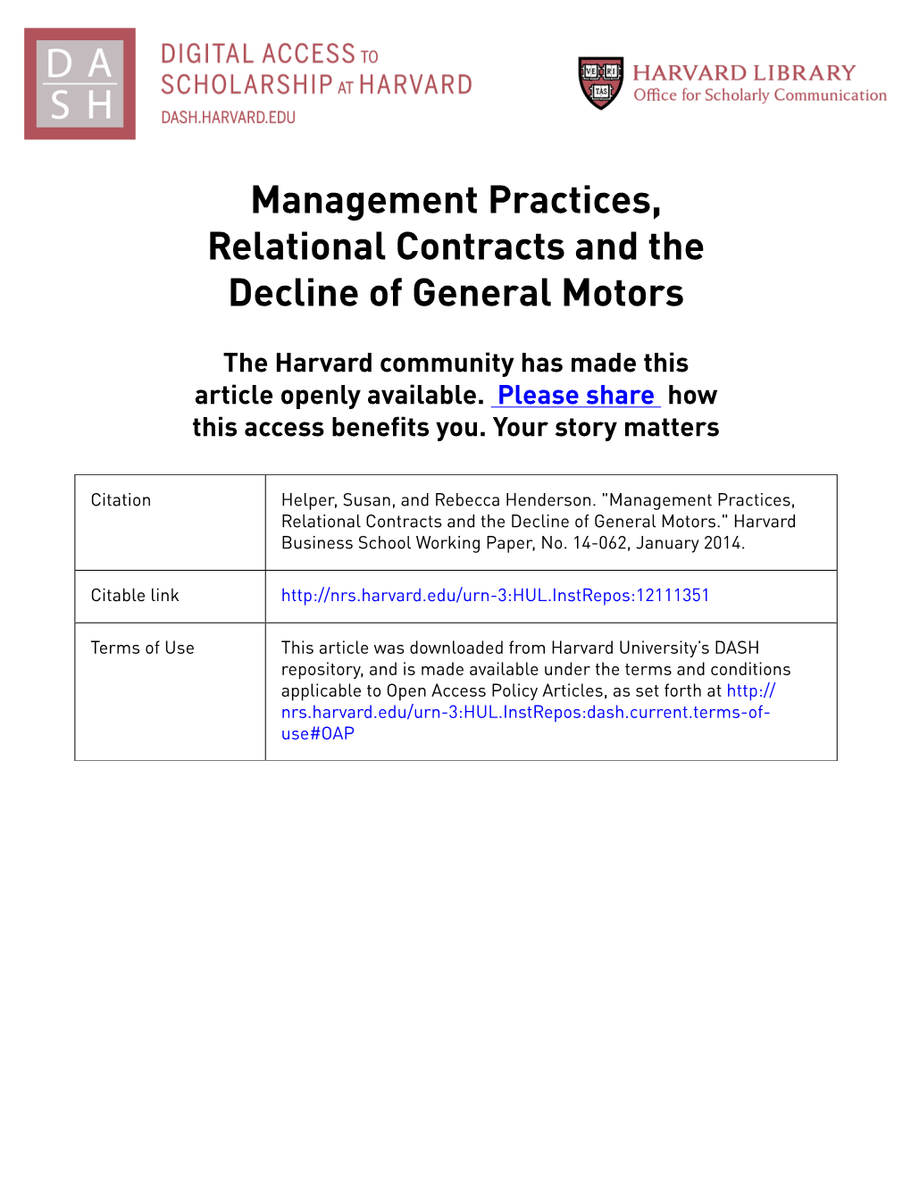 Management Practices, Relational Contracts and the Decline of General Motors